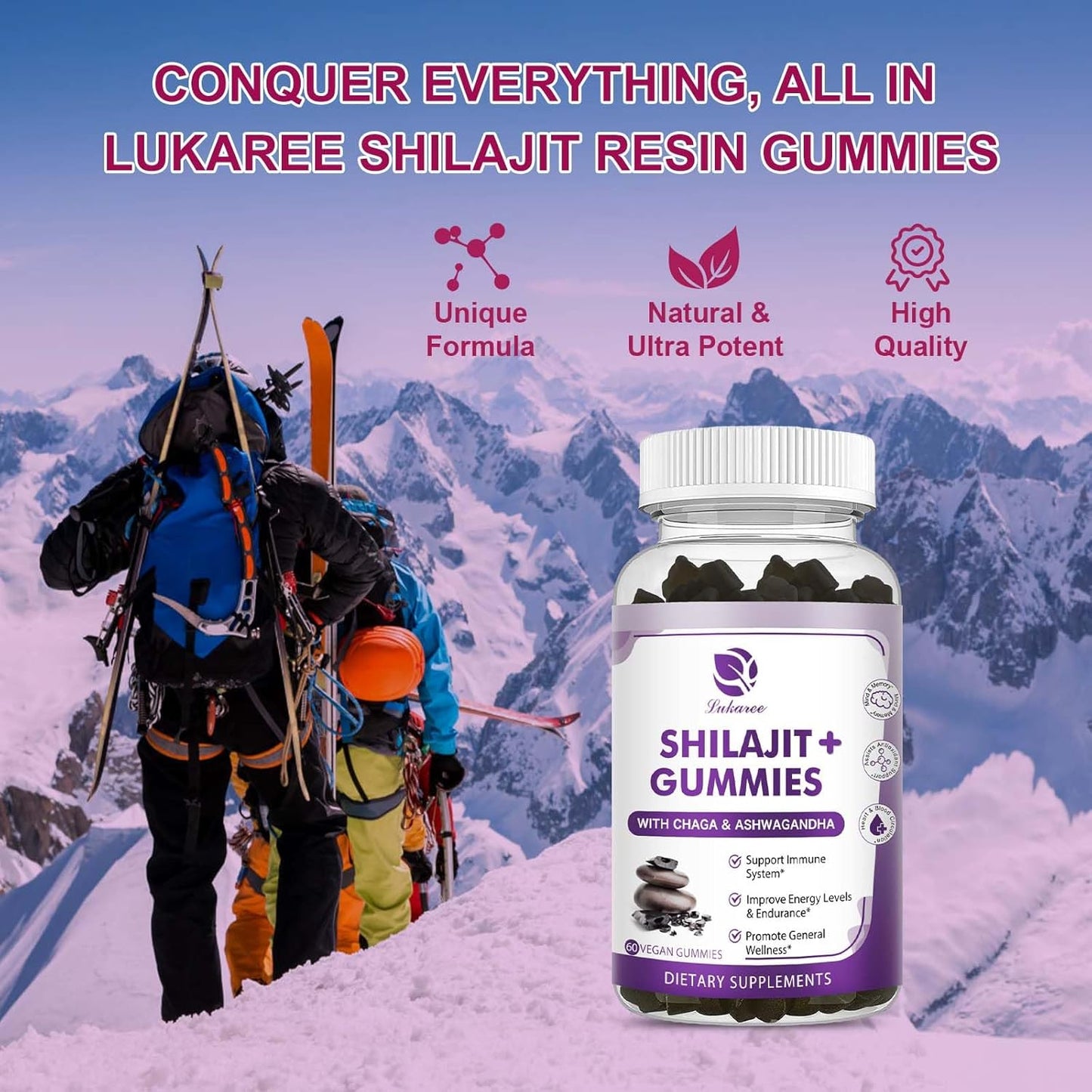 2-Pack Lukaree Shilajit Gummies with Ashwagandha, Black Seed Oil, Vitamin C, D3, B12, and Zinc - Vegan, Non-GMO, Sugar-Free for Men & Women from Himalayan Shilajit
