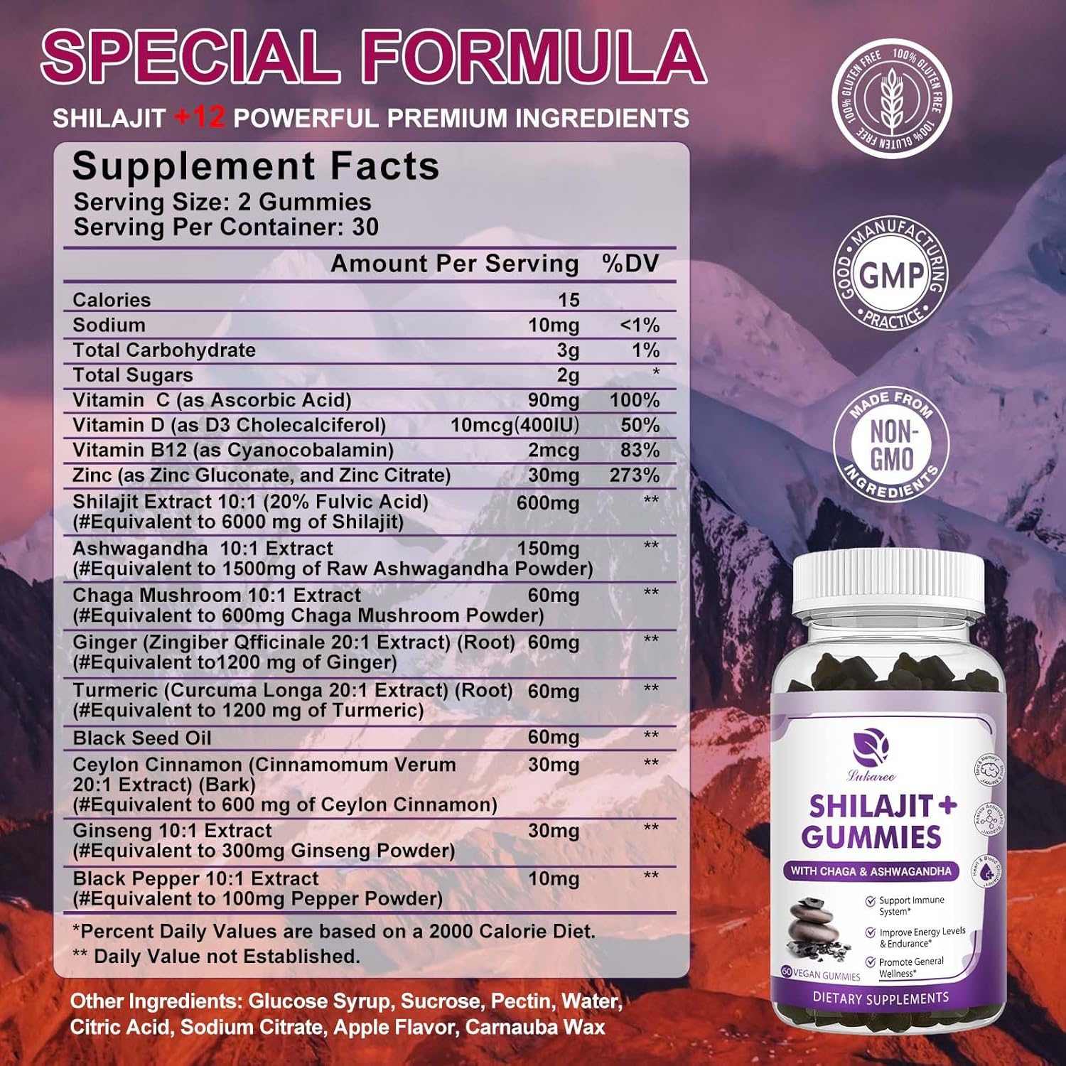2-Pack Lukaree Shilajit Gummies with Ashwagandha, Black Seed Oil, Vitamin C, D3, B12, and Zinc - Vegan, Non-GMO, Sugar-Free for Men & Women from Himalayan Shilajit