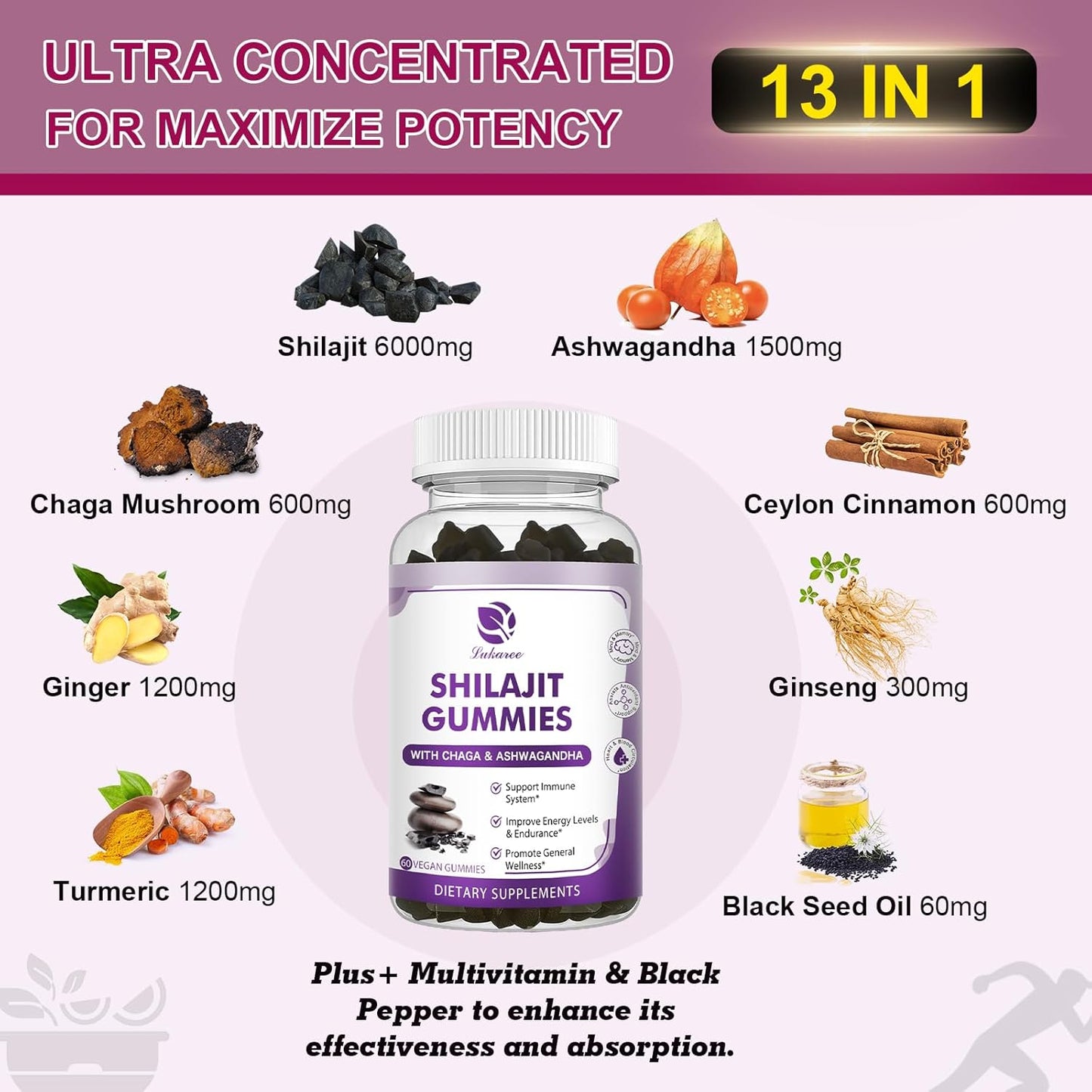2 Pack Lukaree Shilajit Gummies with Black Seed Oil - Extra Strength Himalayan Resin Complex Chewables for Immunity - Men & Women's Supplement