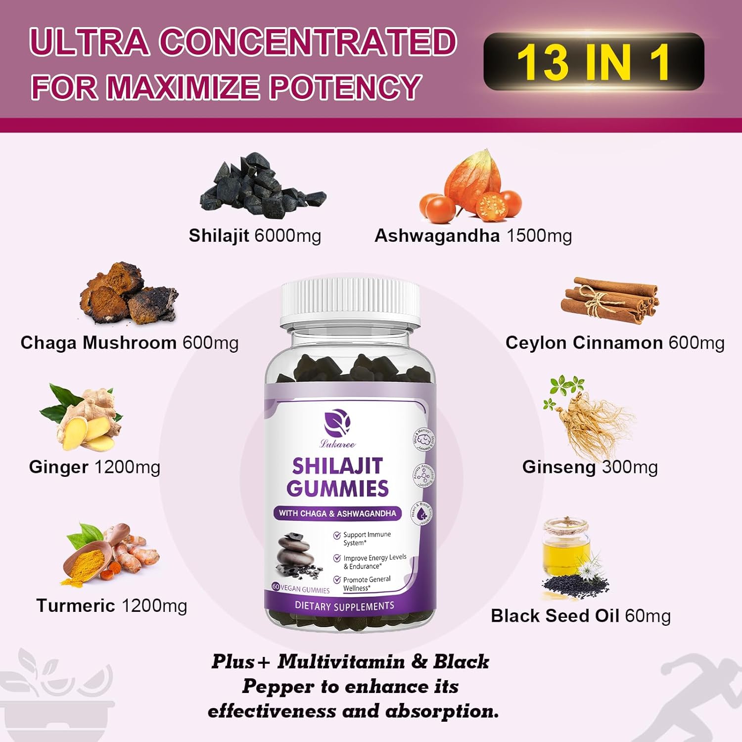 2 Pack Lukaree Shilajit Gummies with Black Seed Oil - Extra Strength Himalayan Resin Complex Chewables for Immunity - Men & Women's Supplement