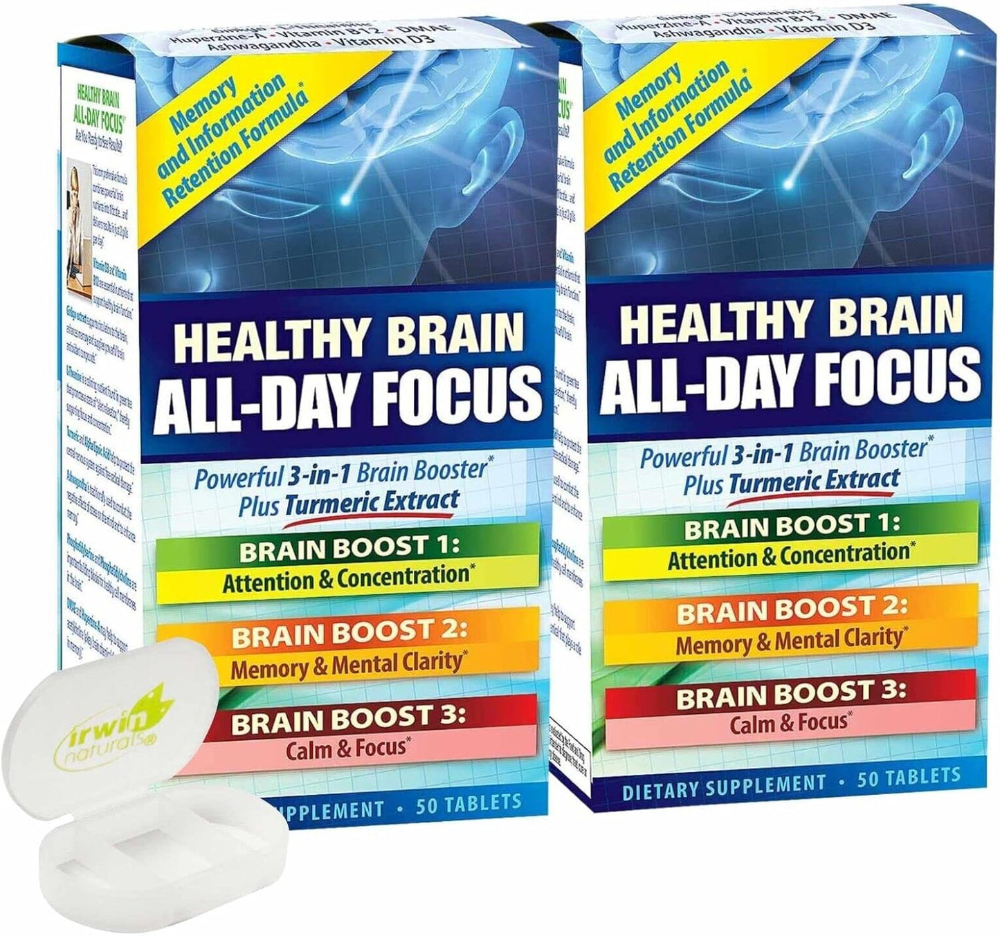 2 Pack Lumintrail Nutrition Healthy Brain Focus Tablets with Tumeric Extract & Pill Case