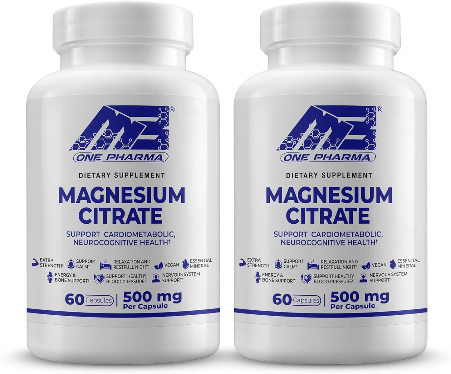 2 Pack Magnesium Citrate Supplement for Healthy Bones, Nerve & Muscle Functions - Extra Strength (500mg/Capsule) - 60 Capsules ea. - Sleep & Calm Support - Essential Mineral by MB One Pharma