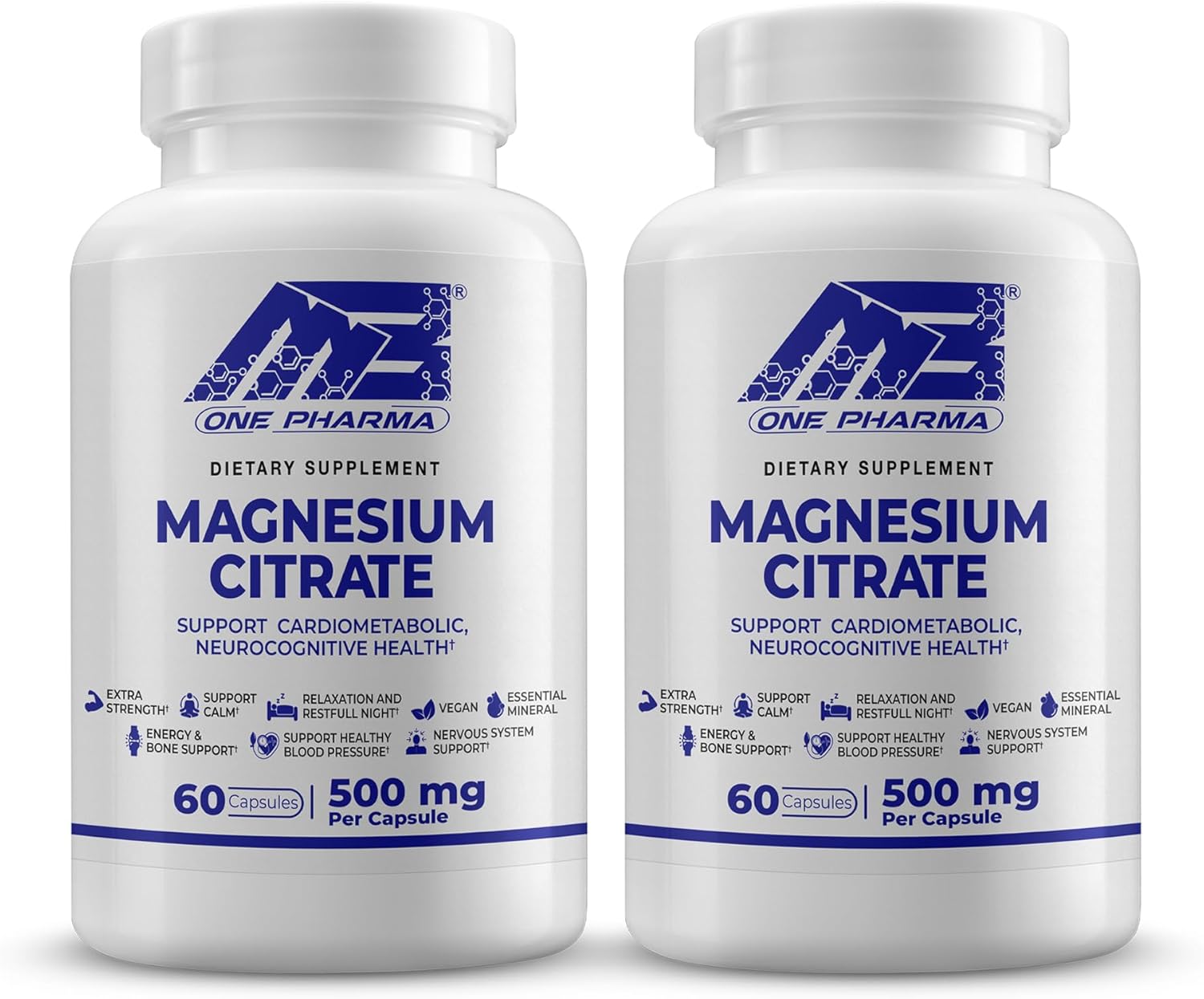 2 Pack Magnesium Citrate Supplement for Healthy Bones, Nerve & Muscle Functions - Extra Strength (500mg/Capsule) - 60 Capsules ea. - Sleep & Calm Support - Essential Mineral by MB One Pharma