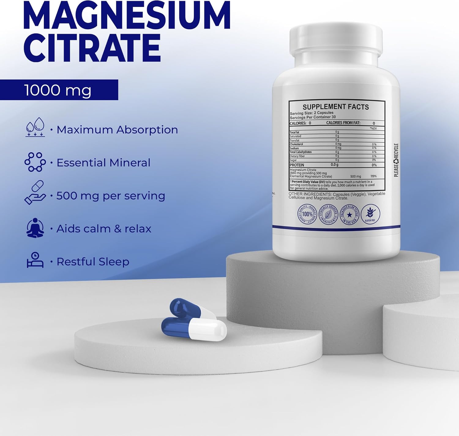 2 Pack Magnesium Citrate Supplement for Healthy Bones, Nerve & Muscle Functions - Extra Strength (500mg/Capsule) - 60 Capsules ea. - Sleep & Calm Support - Essential Mineral by MB One Pharma