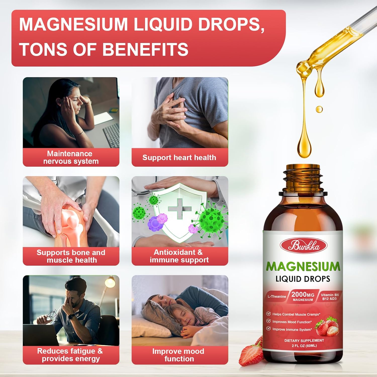 2 Pack Magnesium Glycinate 500mg Supplement with Liquid Drops, Malate, Taurate, Citrate, Calcium Zinc - Sleep & Stress Relief - Strawberry Flavor