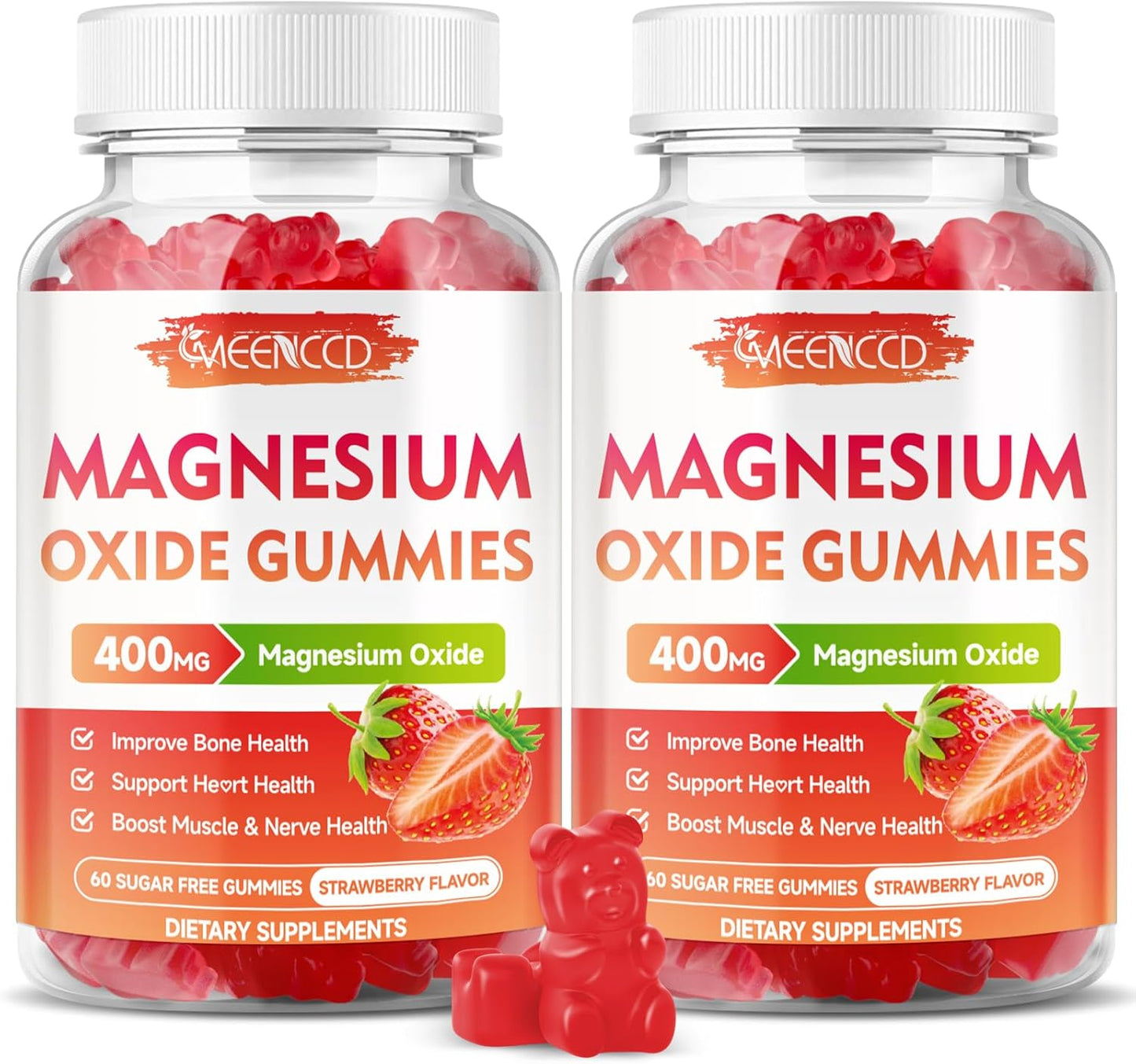 2 Pack Magnesium Oxide Gummies 400mg - Chewable Supplement for Adults & Kids - Nerve & Muscle Support - Non-GMO - Sugar-Free - Strawberry Flavor - 120 Count