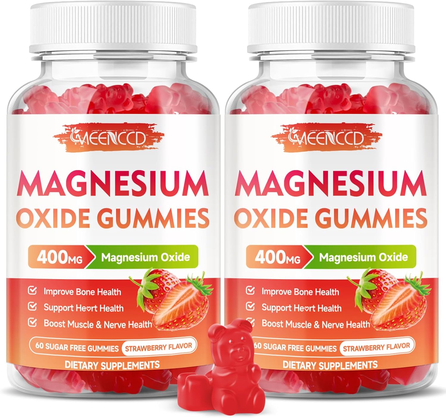 2 Pack Magnesium Oxide Gummies 400mg - Chewable Supplement for Adults & Kids - Nerve & Muscle Support - Non-GMO - Sugar-Free - Strawberry Flavor - 120 Count