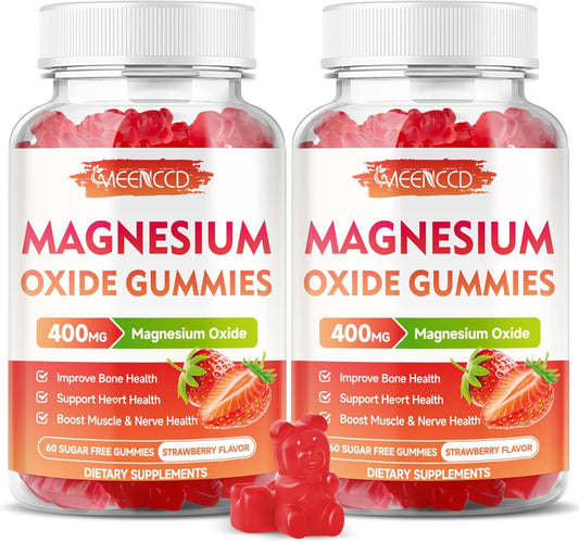 2 Pack Magnesium Oxide Gummies 400mg - Chewable Supplement for Adults & Kids - Nerve & Muscle Support - Non-GMO - Sugar-Free - Strawberry Flavor - 120 Count