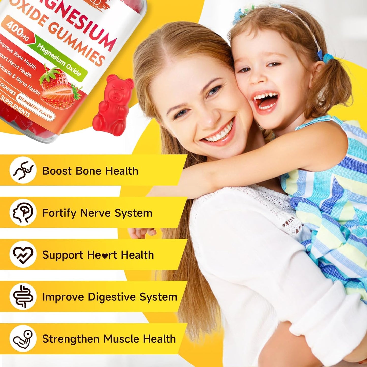 2 Pack Magnesium Oxide Gummies 400mg - Chewable Supplement for Adults & Kids - Nerve & Muscle Support - Non-GMO - Sugar-Free - Strawberry Flavor - 120 Count