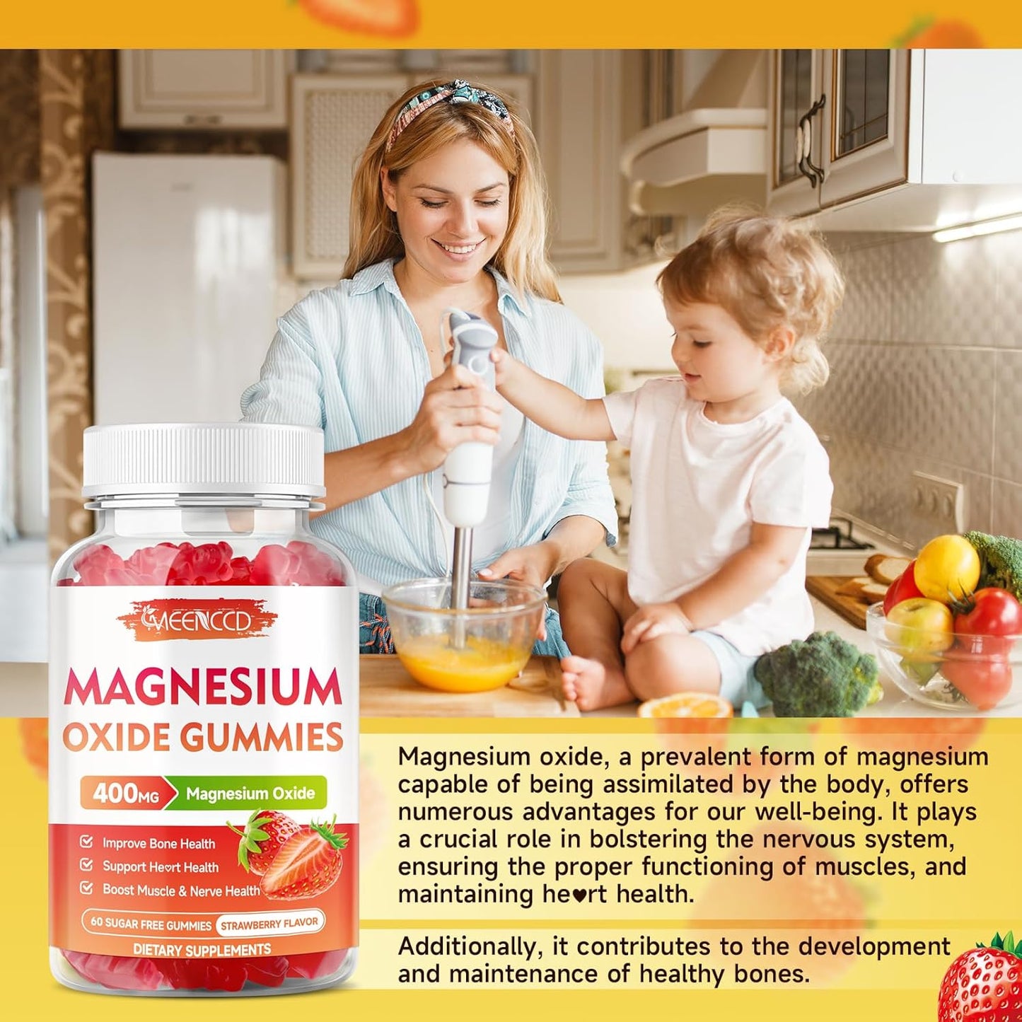 2 Pack Magnesium Oxide Gummies 400mg - Chewable Supplement for Adults & Kids - Nerve & Muscle Support - Non-GMO - Sugar-Free - Strawberry Flavor - 120 Count