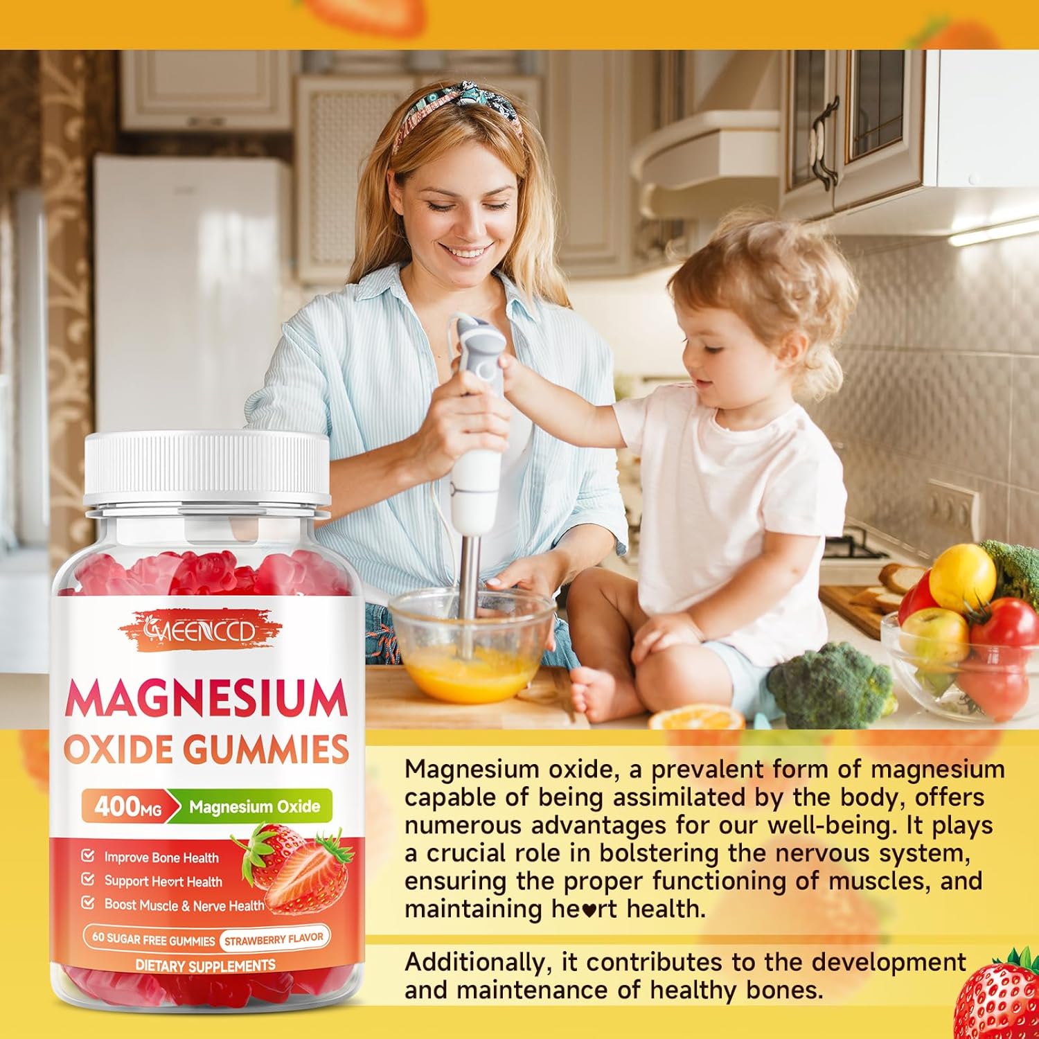 2 Pack Magnesium Oxide Gummies 400mg - Chewable Supplement for Adults & Kids - Nerve & Muscle Support - Non-GMO - Sugar-Free - Strawberry Flavor - 120 Count