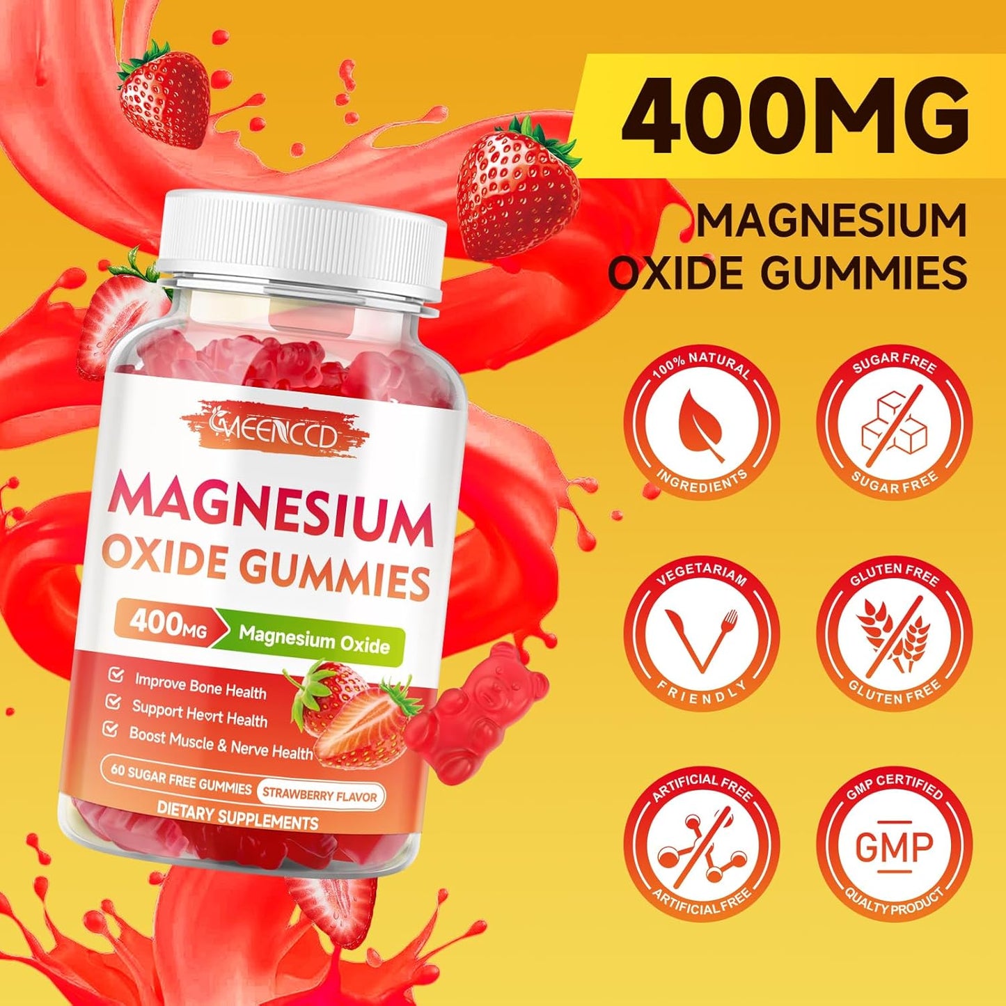 2 Pack Magnesium Oxide Gummies 400mg - Chewable Supplement for Adults & Kids - Nerve & Muscle Support - Non-GMO - Sugar-Free - Strawberry Flavor - 120 Count