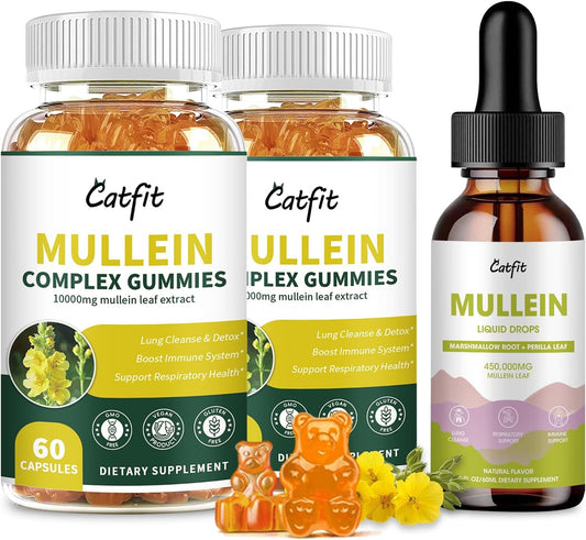 2 Pack Mullein Gummies and Drops for Lung Health - Mullein Leaf Extract for Respiratory Support
