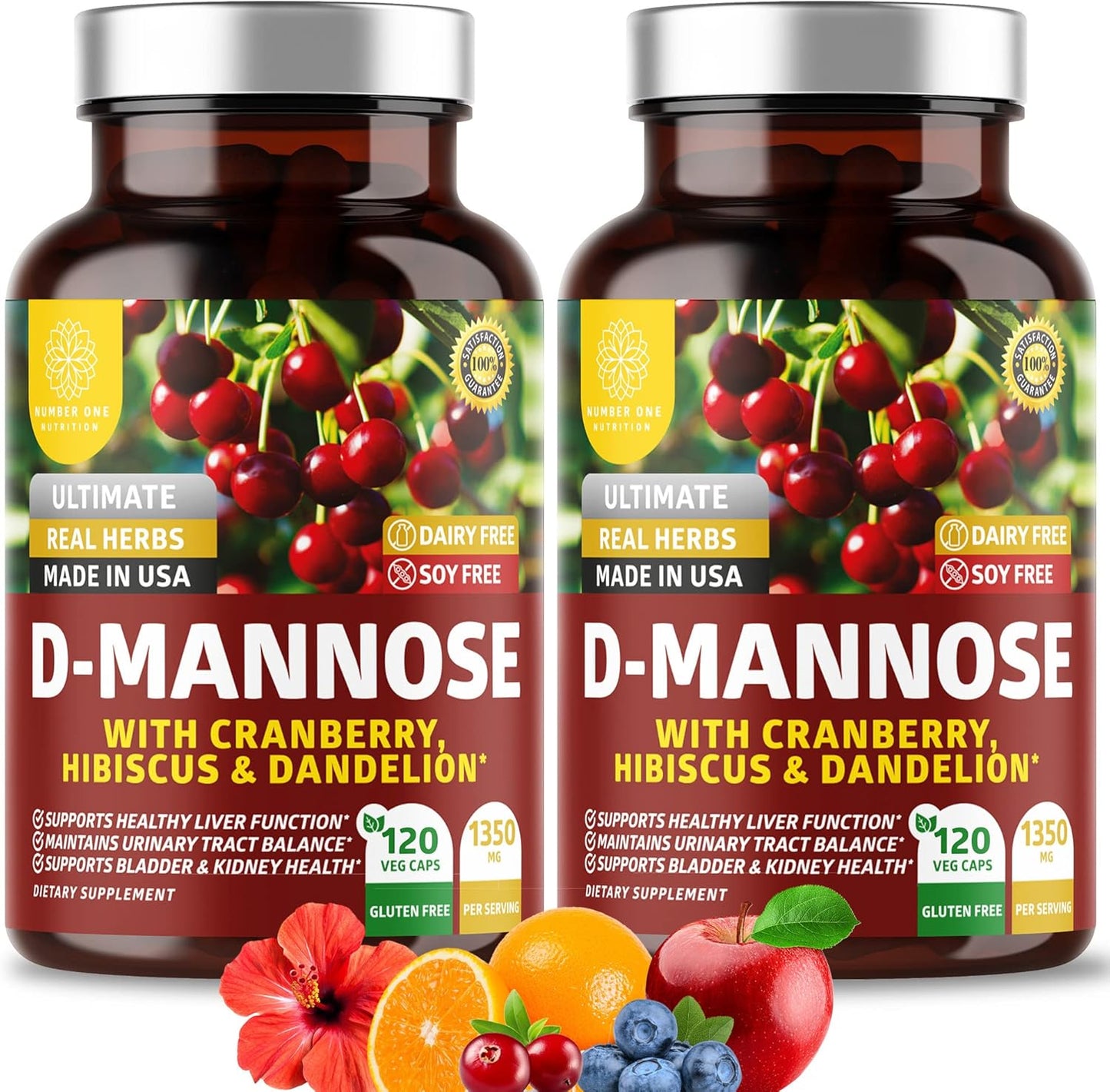 2-Pack N1N Premium D Mannose with Cranberry and Dandelion [1350mg] - Supports Urinary Tract & Bladder Health - 240 Veg Caps