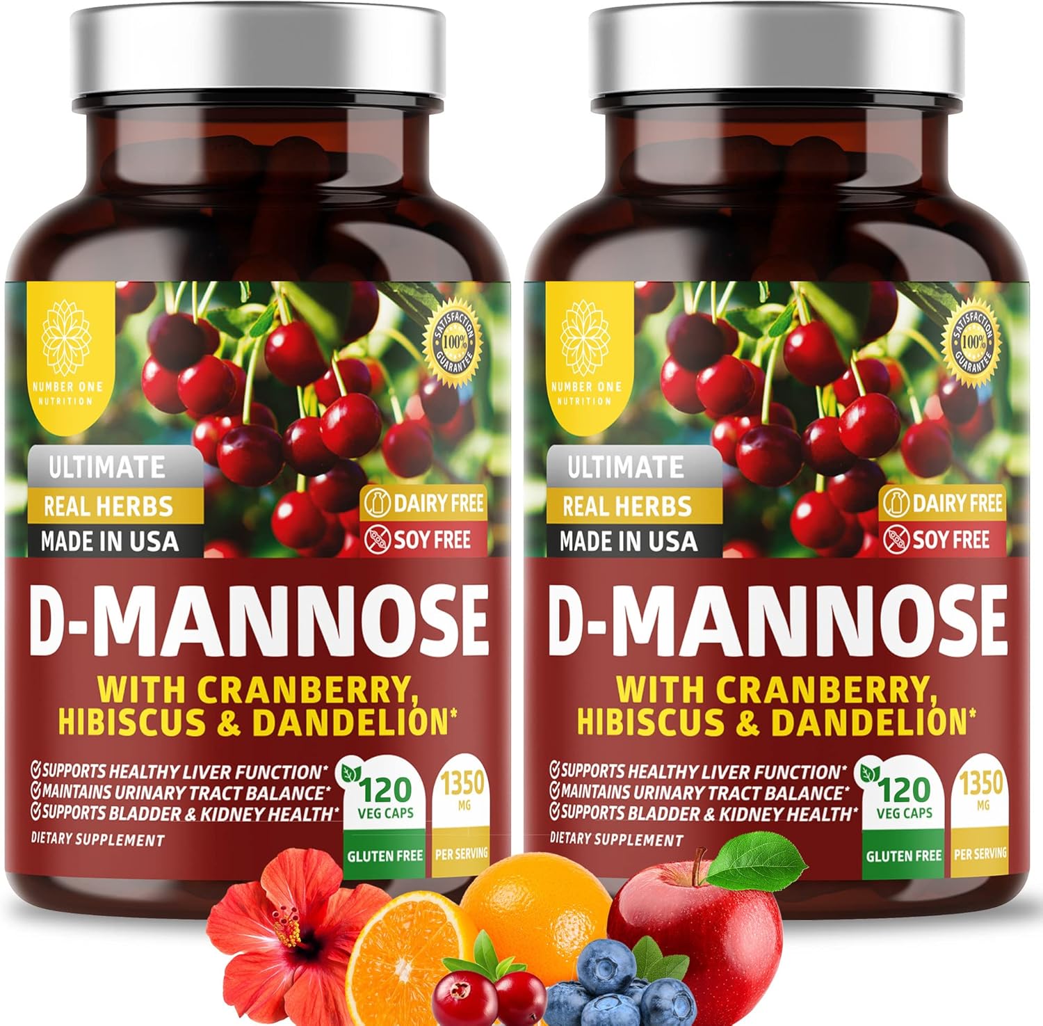 2-Pack N1N Premium D Mannose with Cranberry and Dandelion [1350mg] - Supports Urinary Tract & Bladder Health - 240 Veg Caps