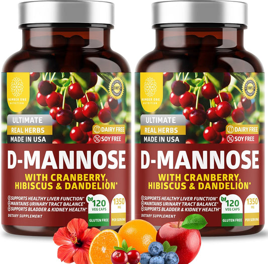 2-Pack N1N Premium D Mannose with Cranberry and Dandelion [1350mg] - Supports Urinary Tract & Bladder Health - 240 Veg Caps