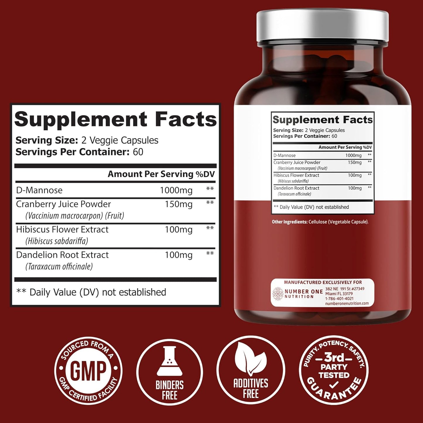 2-Pack N1N Premium D Mannose with Cranberry and Dandelion [1350mg] - Supports Urinary Tract & Bladder Health - 240 Veg Caps