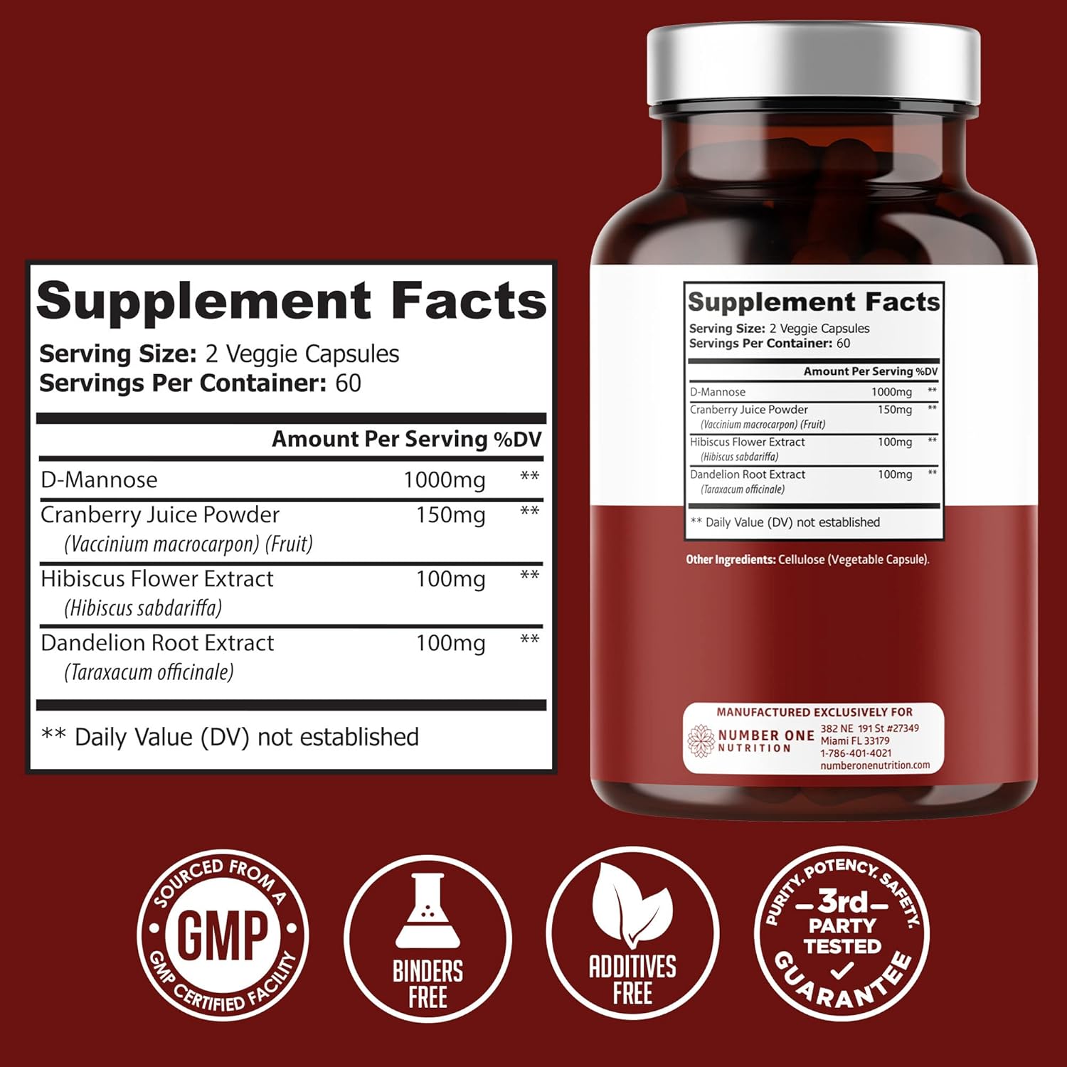 2-Pack N1N Premium D Mannose with Cranberry and Dandelion [1350mg] - Supports Urinary Tract & Bladder Health - 240 Veg Caps