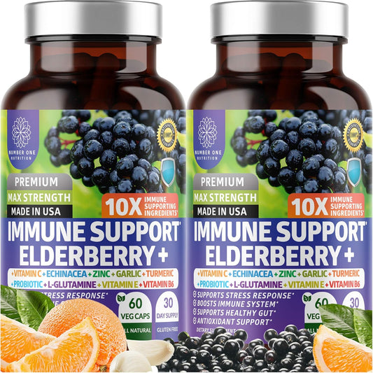2 Pack N1N Premium Immune Support Supplement with 10 Potent Ingredients - Elderberry, Vitamin C, Zinc, Echinacea, Turmeric, Garlic, Probiotics - 120 Veg Caps for Adults