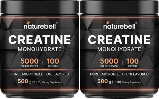 2 Pack NatureBell Creatine Monohydrate Powder - 500g, 5000mg Per Serving, Micronized, Unflavored - Pre Workout, Keto, Vegan - Easy Dissolve, No Fillers