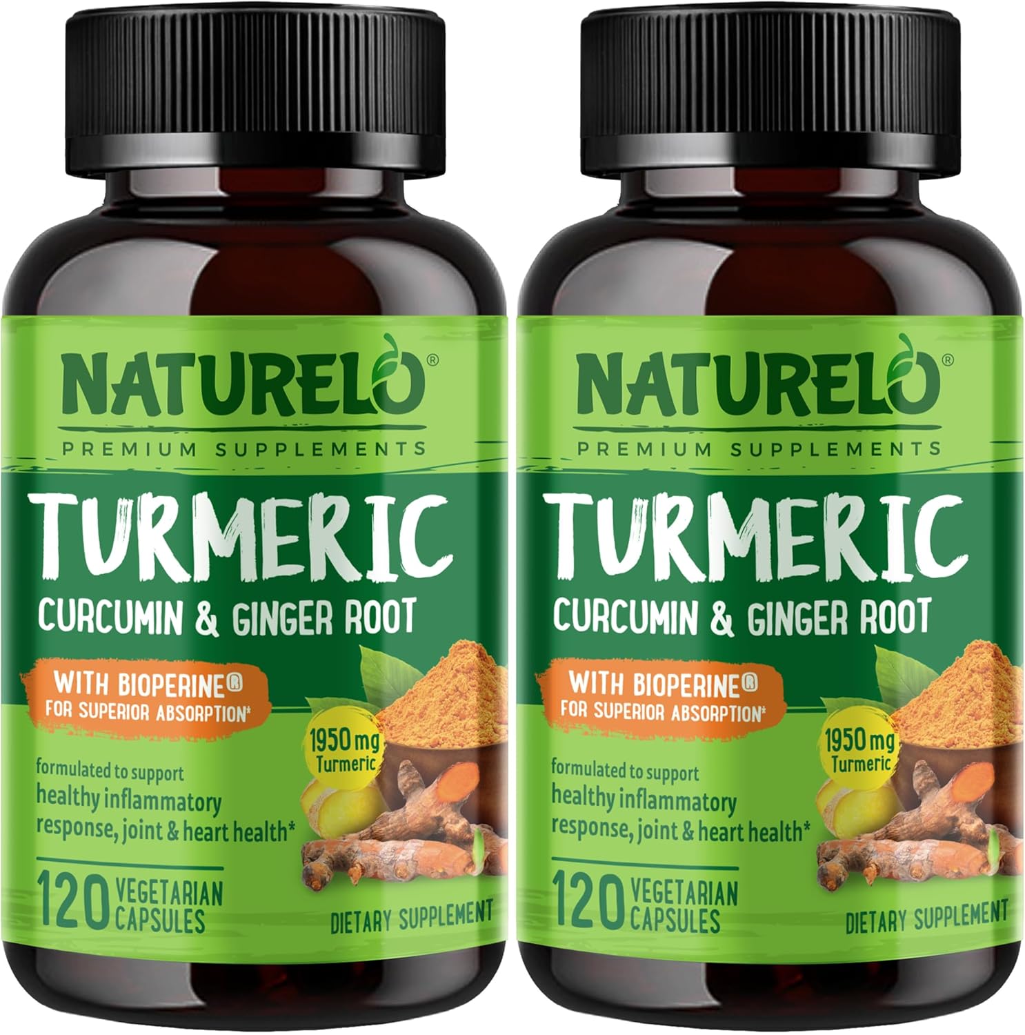 2 Pack NATURELO Turmeric Curcumin Capsules with BioPerine, Ginger Root & Black Pepper - Joint Pain Relief - 240 Vegan Capsules