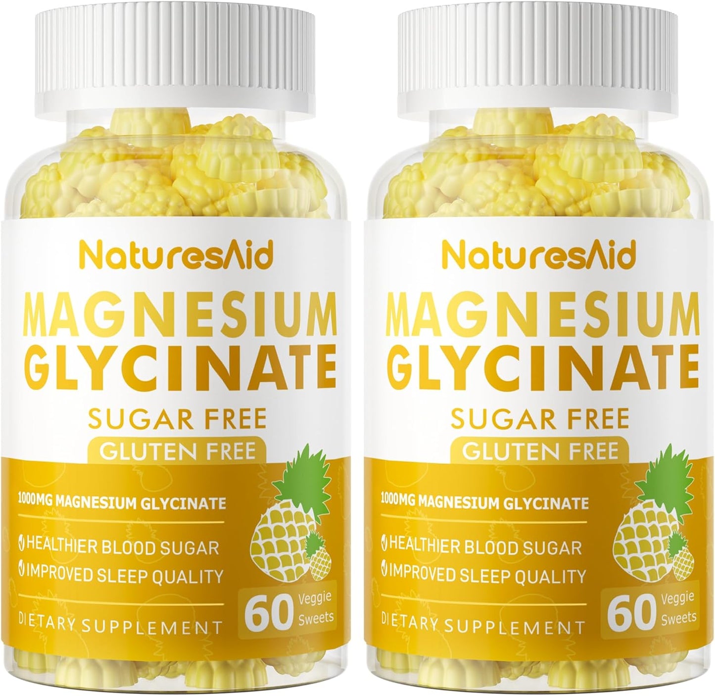2 Pack Natures Aid Sugar Free Magnesium Glycinate Gummies 1000mg with Vitamin D, B6, CoQ10 - Calm Mood & Sleep Support - 120 Pineapple Gummies