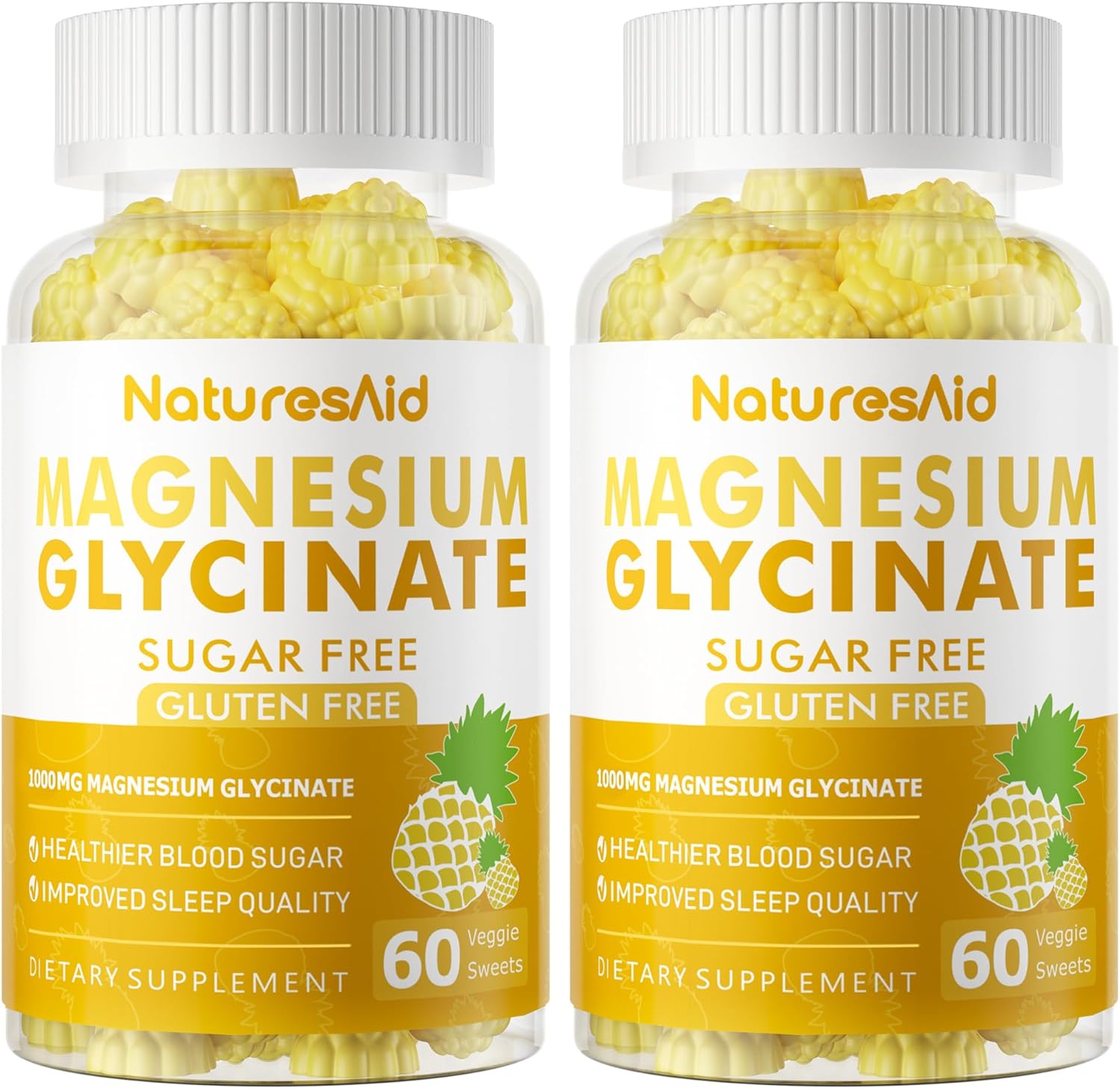 2 Pack Natures Aid Sugar Free Magnesium Glycinate Gummies 1000mg with Vitamin D, B6, CoQ10 - Calm Mood & Sleep Support - 120 Pineapple Gummies