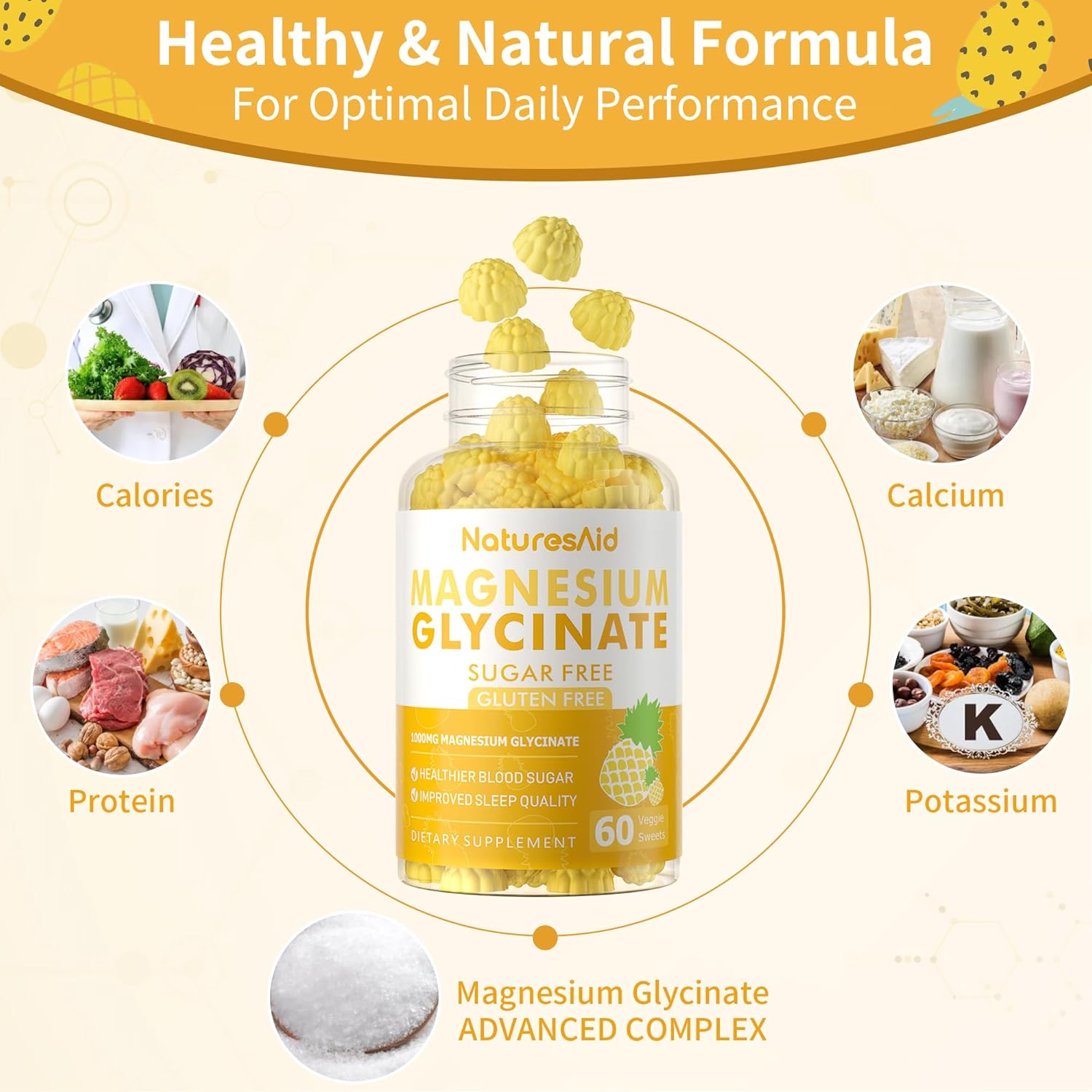 2 Pack Natures Aid Sugar Free Magnesium Glycinate Gummies 1000mg with Vitamin D, B6, CoQ10 - Calm Mood & Sleep Support - 120 Pineapple Gummies