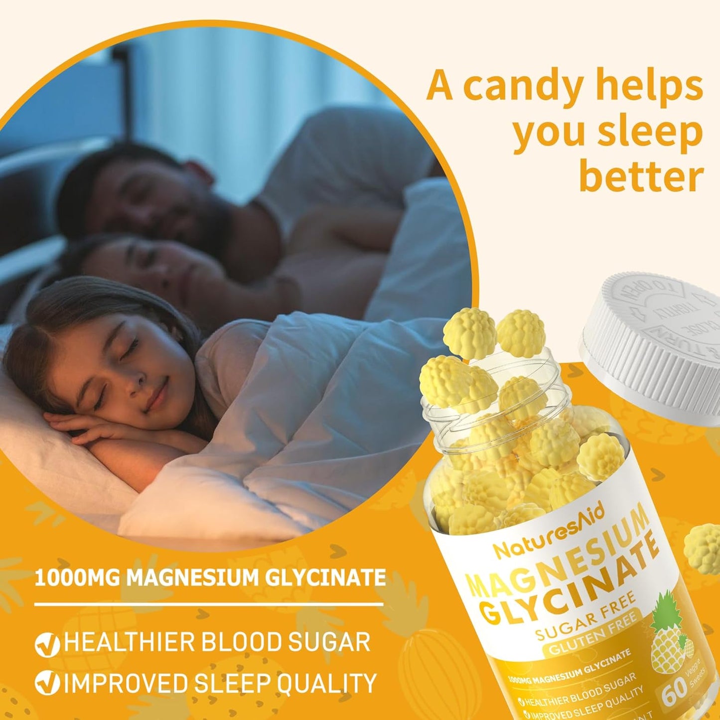 2 Pack Natures Aid Sugar Free Magnesium Glycinate Gummies 1000mg with Vitamin D, B6, CoQ10 - Calm Mood & Sleep Support - 120 Pineapple Gummies