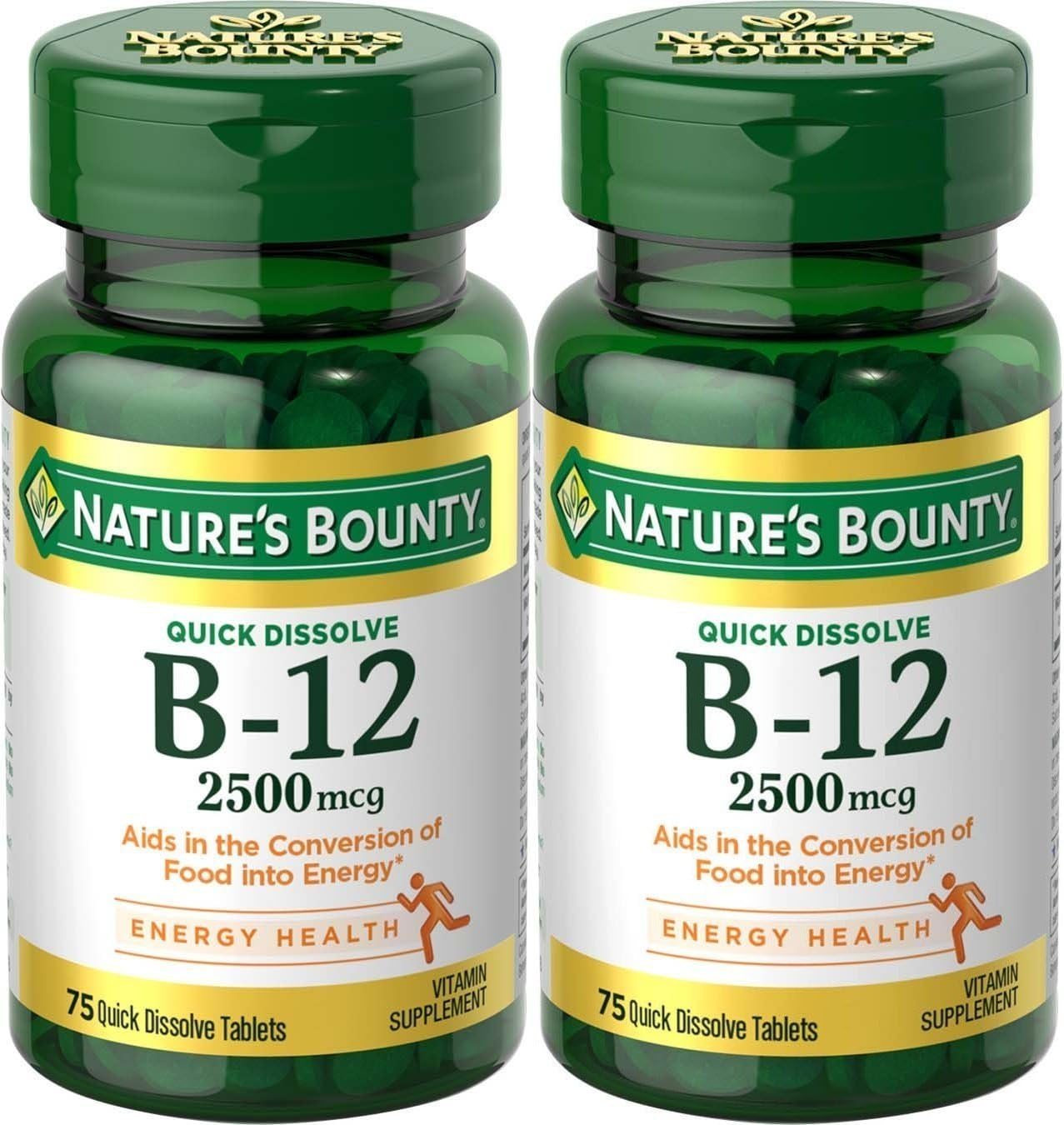 2 Pack Nature's Bounty Quick Dissolve Vitamin B-12 2500 mcg - Natural Cherry Flavor - 75 ct