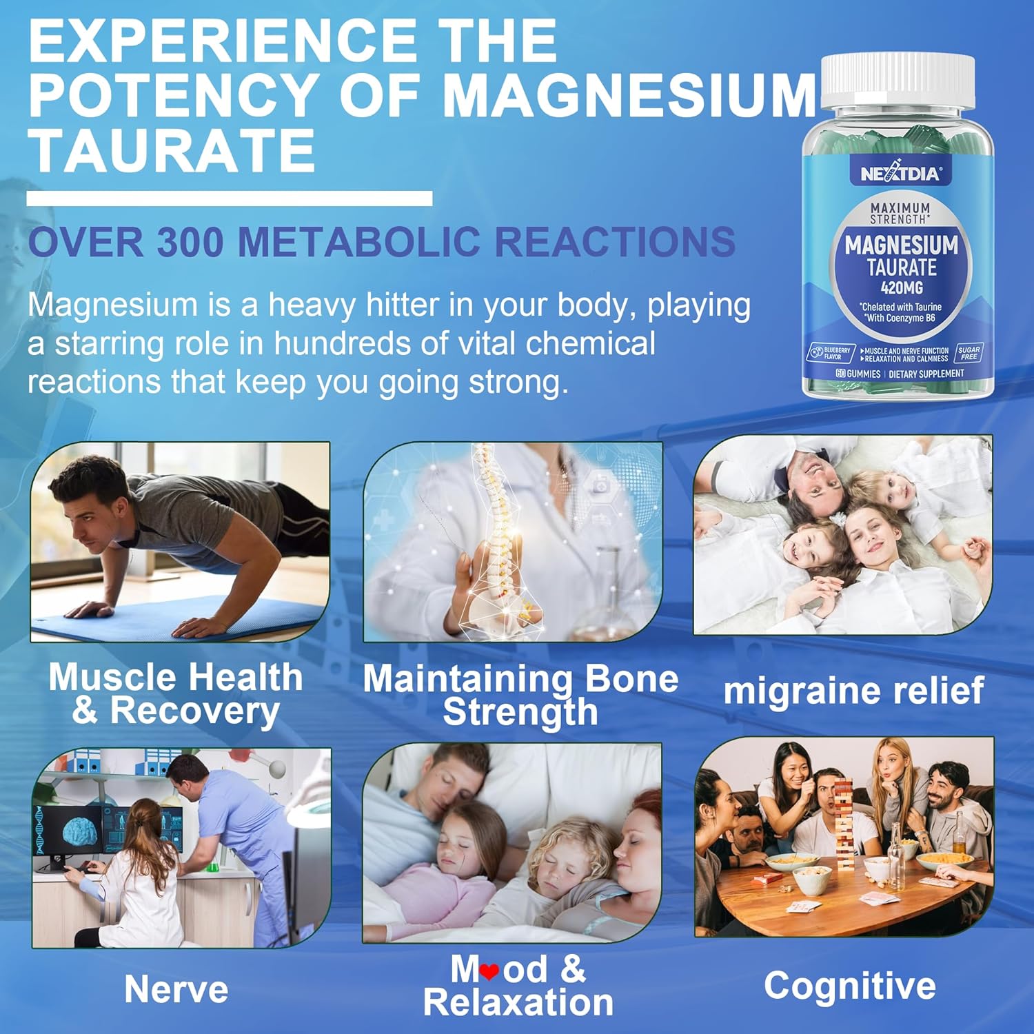 2-Pack Nextdia Magnesium Taurate 420mg + Vitamin B6 for Healthy Heart, Sleep, Relaxation - Vegan, Non-GMO, Gluten-Free, Sugar-Free