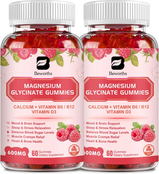 2 Pack of B BEWORTHS 600 Mg Magnesium Glycinate Gummies with Magnesium Malate, Citrate, & Potassium for Night & Joint Support, Energy Boost - Vegan & 0-Sugar - Raspberry Flavor - 120 Count
