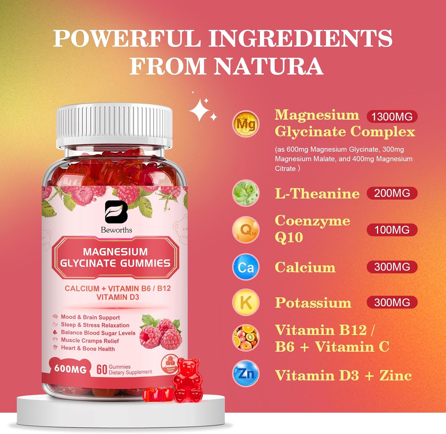 2 Pack of B BEWORTHS 600 Mg Magnesium Glycinate Gummies with Magnesium Malate, Citrate, & Potassium for Night & Joint Support, Energy Boost - Vegan & 0-Sugar - Raspberry Flavor - 120 Count