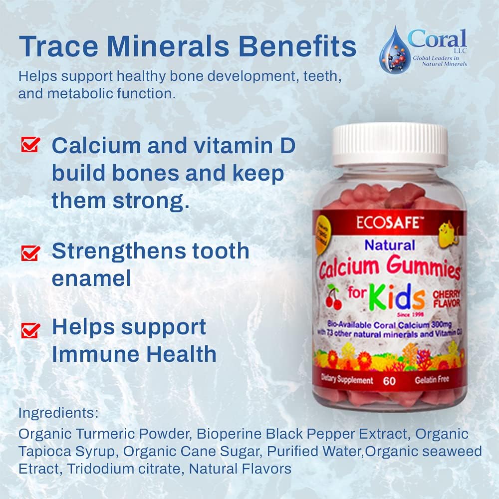 2 Pack of ECO SAFE Kids Gummy Coral Calcium Vitamin D3 - Natural Cherry Flavor, Non GMO, Gluten-Free, Dairy-Free, Soy-Free, Gelatin Free - 60 Gummies, 300mg Calcium, 800 IU Vitamin D3