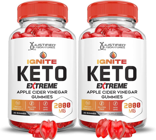 2 Pack of Justified Laboratories Ignite Keto ACV Gummies - 2000MG Extreme Formula with Pomegranate Beet Juice Powder, B12 - Vegan & Non GMO - 120 Gummies