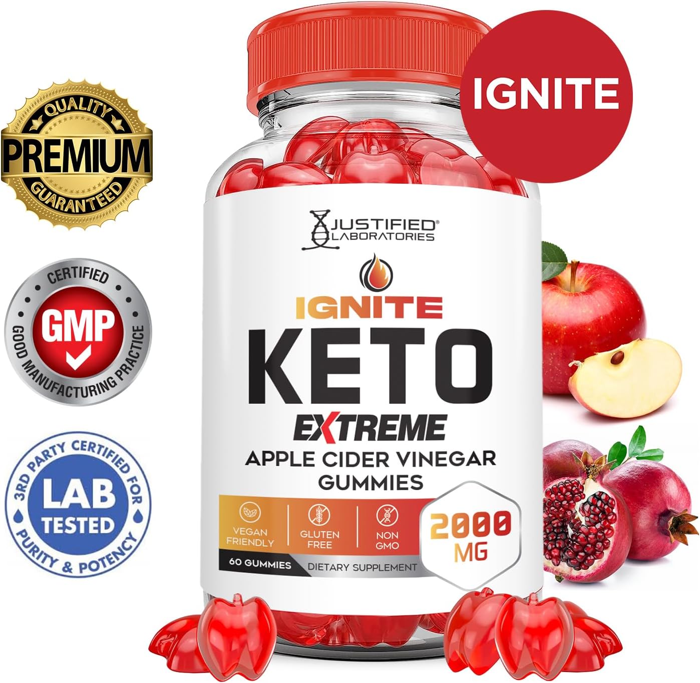 2 Pack of Justified Laboratories Ignite Keto ACV Gummies - 2000MG Extreme Formula with Pomegranate Beet Juice Powder, B12 - Vegan & Non GMO - 120 Gummies