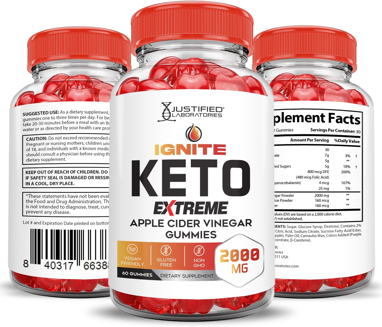 2 Pack of Justified Laboratories Ignite Keto ACV Gummies - 2000MG Extreme Formula with Pomegranate Beet Juice Powder, B12 - Vegan & Non GMO - 120 Gummies