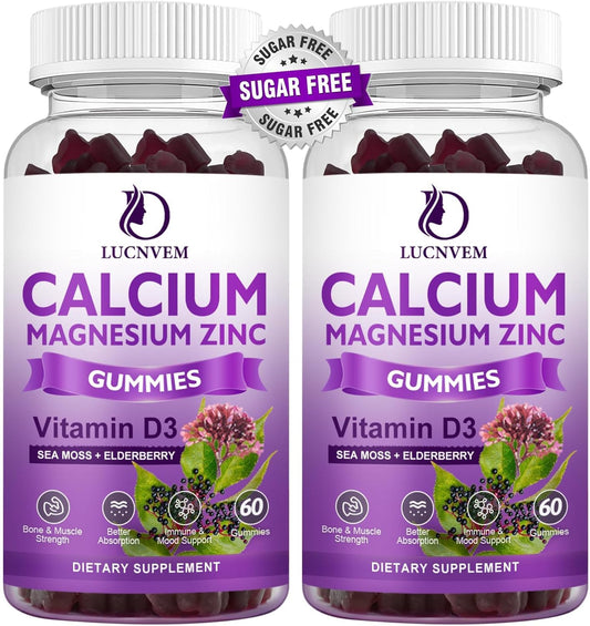 2 Pack of LUCNVEM Sugar Free Calcium Magnesium Zinc Gummies with Magnesium Glycinate, Vitamin D3, and Sea Moss for Bone, Muscle, Mood, and Sleep Support - 120 Vegan Gummies