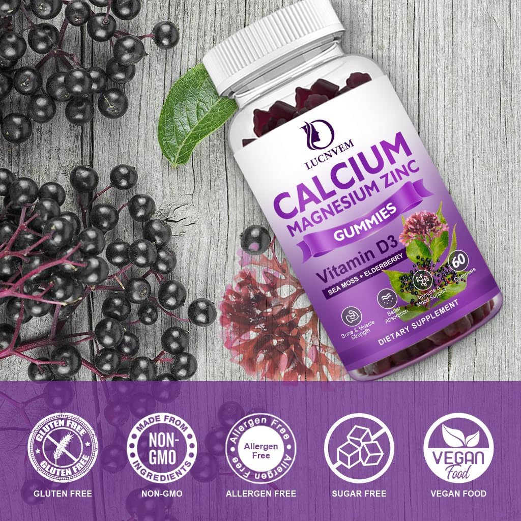 2 Pack of LUCNVEM Sugar Free Calcium Magnesium Zinc Gummies with Magnesium Glycinate, Vitamin D3, and Sea Moss for Bone, Muscle, Mood, and Sleep Support - 120 Vegan Gummies