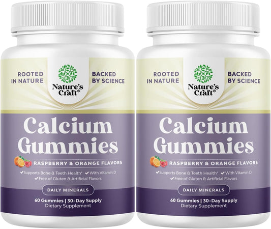 2 Pack of Natures Craft High Absorption Calcium Gummies with Vitamin D3 - Chewable Bone Health and Immune Support Supplement for Adults - Gelatin-Free Calcium Gummies (60ct)