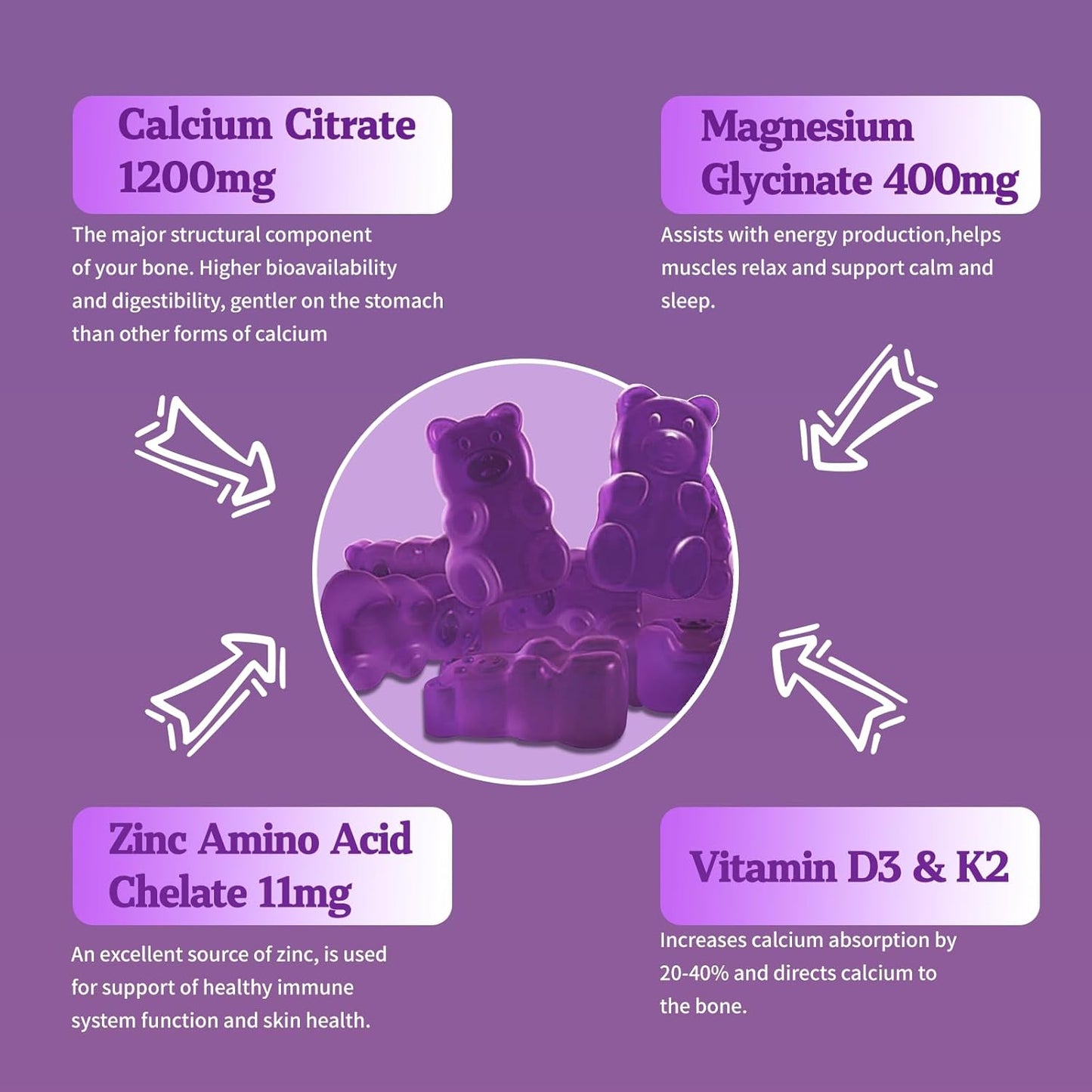 2 Pack of OALSE Calcium Magnesium Zinc Gummies with Vitamin D3 & K2 for High Absorption - Blueberry Flavored - 120 Count - Support Muscles, Immune System, and Sleep - Sugar Free - BoostGo Australia