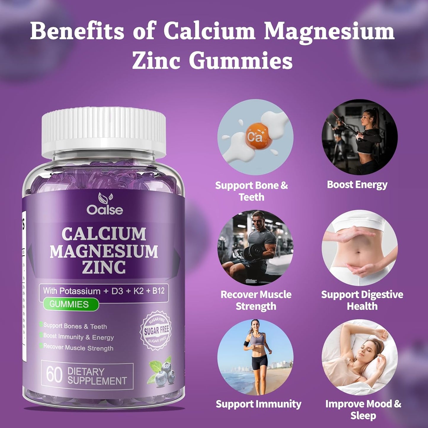 2 Pack of OALSE Calcium Magnesium Zinc Gummies with Vitamin D3 & K2 for High Absorption - Blueberry Flavored - 120 Count - Support Muscles, Immune System, and Sleep - Sugar Free - BoostGo Australia