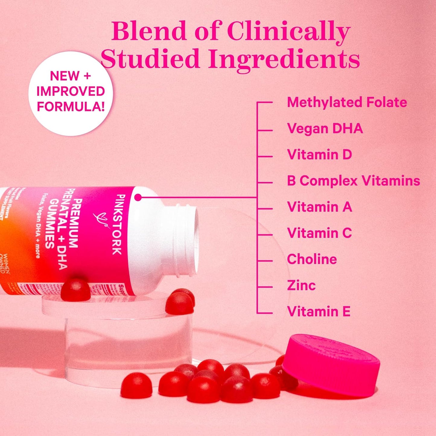 2 Pack of Pink Stork Premium Prenatal Gummy Vitamins with DHA, Folate, and Vitamin D - 60 Vegan Gummies