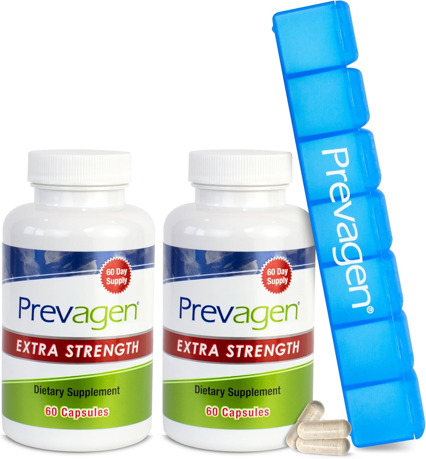 2 Pack of Prevagen Extra Strength 20mg Capsules with Apoaequorin, Vitamin D, and 7-Day Pill Minder
