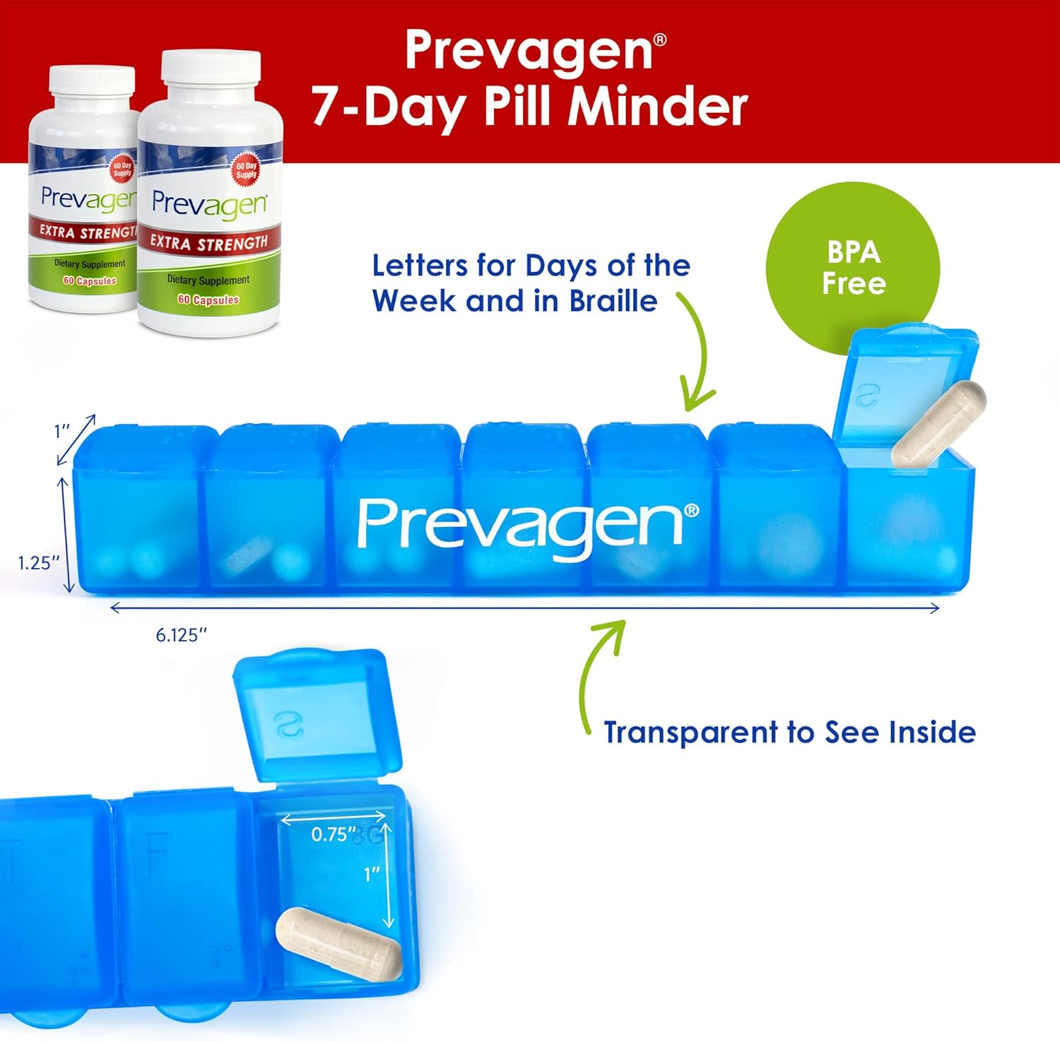 2 Pack of Prevagen Extra Strength 20mg Capsules with Apoaequorin, Vitamin D, and 7-Day Pill Minder