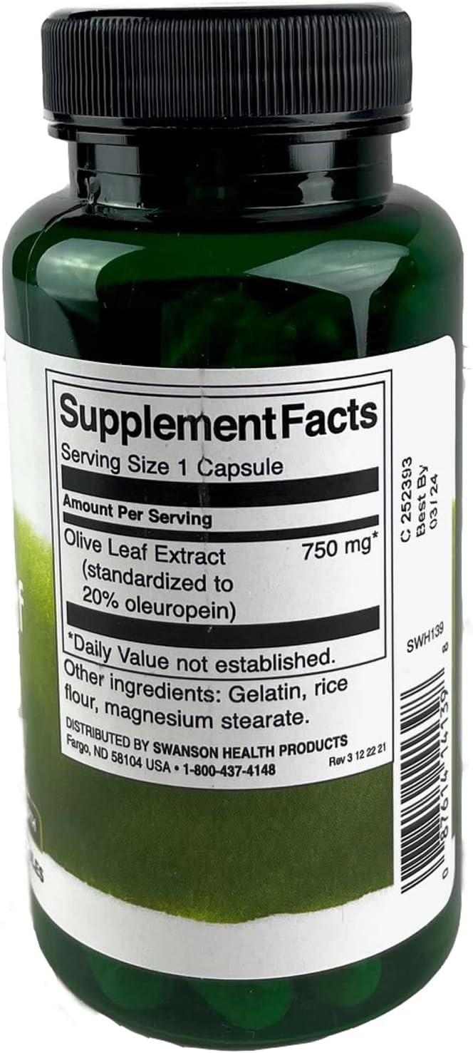 2 Pack of Swanson Olive Leaf Extract Capsules - High Oleuropein Content (60 Capsules, 750mg)