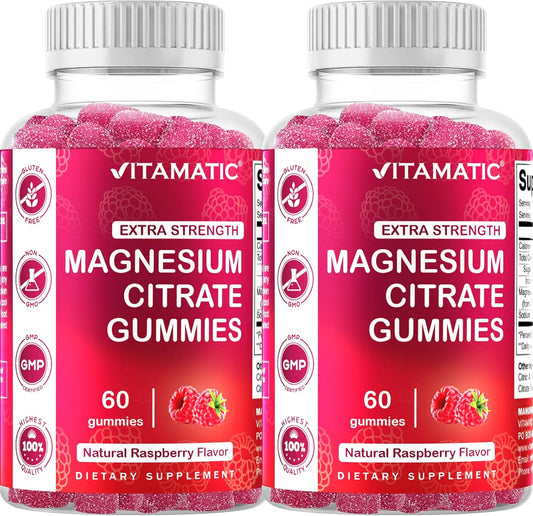 2 Pack of Vitamatic Extra Strength Magnesium Gummies - 255 mg per Serving - 60 Count - Supports Relaxation, Muscle, Bone, & Energy - High Elemental Mg
