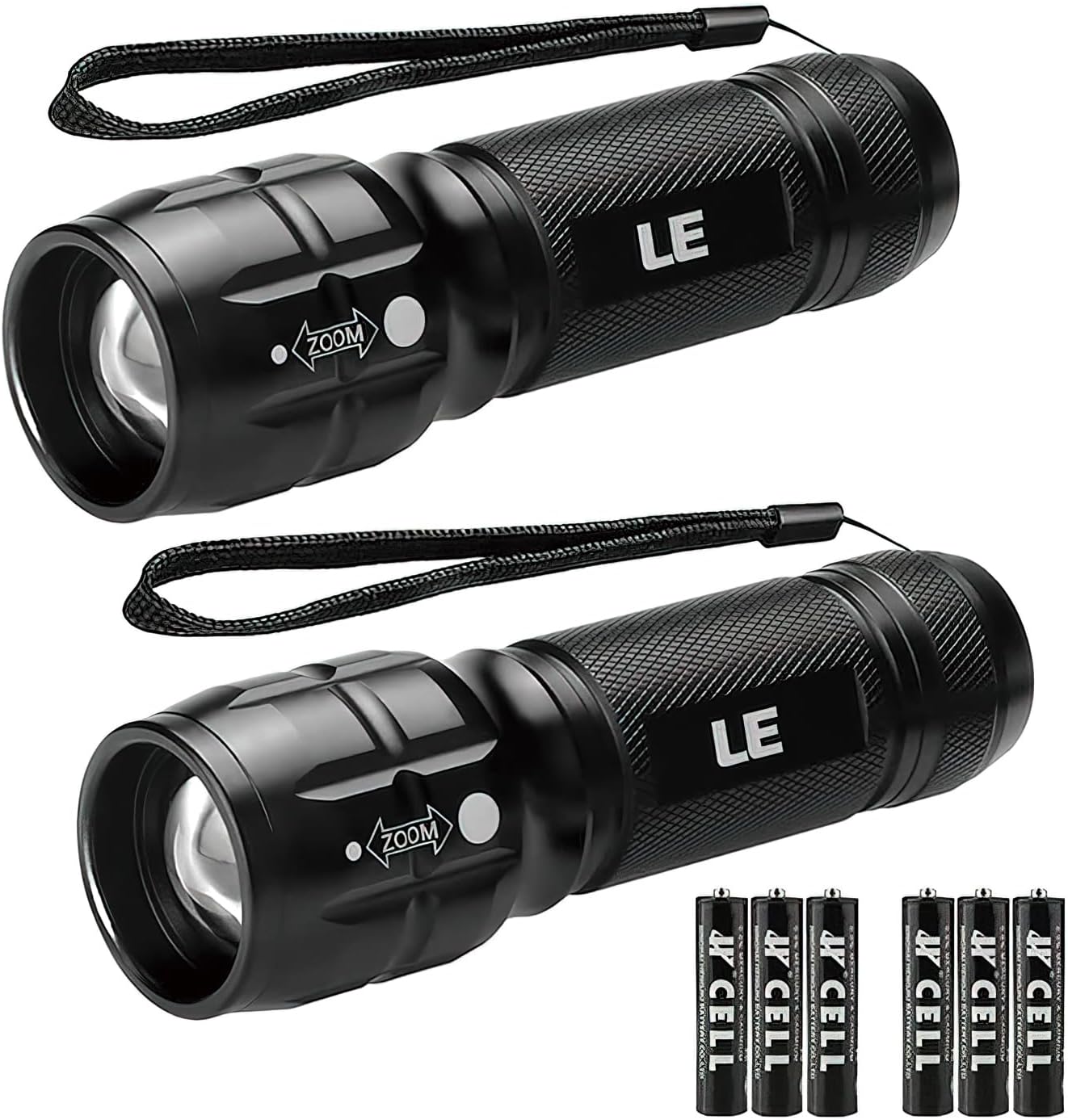 2 Pack of Waterproof LED Flashlights with High Lumens, Zoomable Beam, Adjustable Brightness - Perfect for Outdoor, Emergency, Camping - Includes AAA Batteries