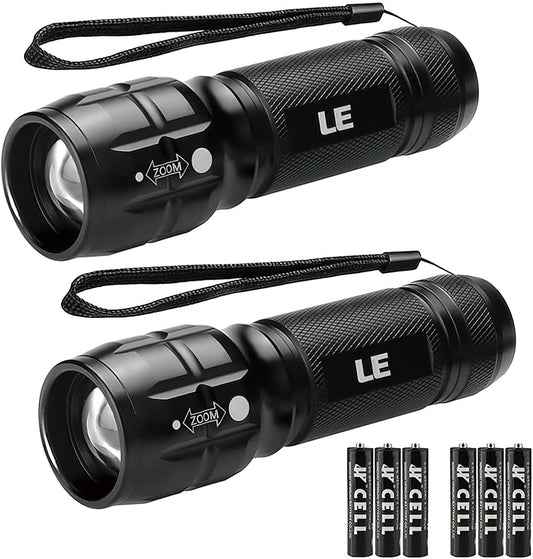 2 Pack of Waterproof LED Flashlights with High Lumens, Zoomable Beam, Adjustable Brightness - Perfect for Outdoor, Emergency, Camping - Includes AAA Batteries