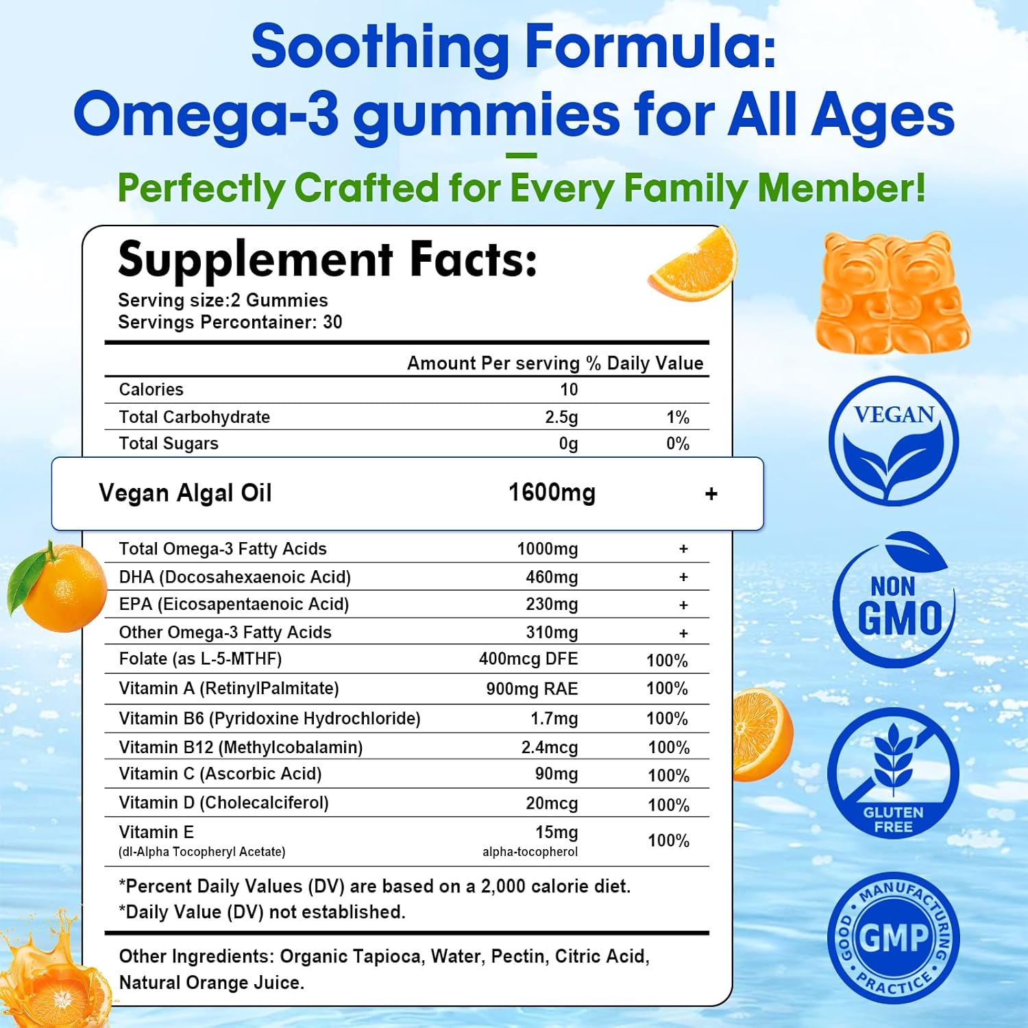2 Pack Omega-3 Gummies with DHA and EPA for Brain, Eye & Immune Support - Vegan & Sugar Free, Orange Flavor - 120 Count